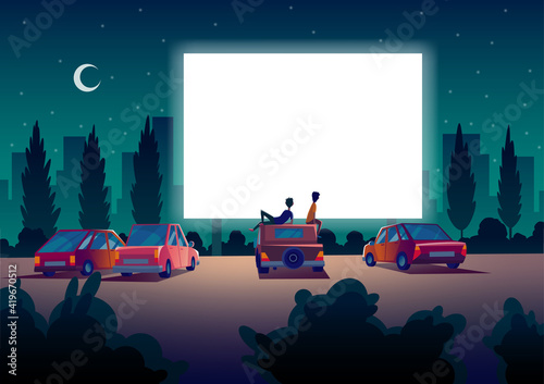 Car street cinema. Drive-in theater with automobiles stand in open air parking at night. Large outdoor screen. Cinema night vector banner in cartoon style