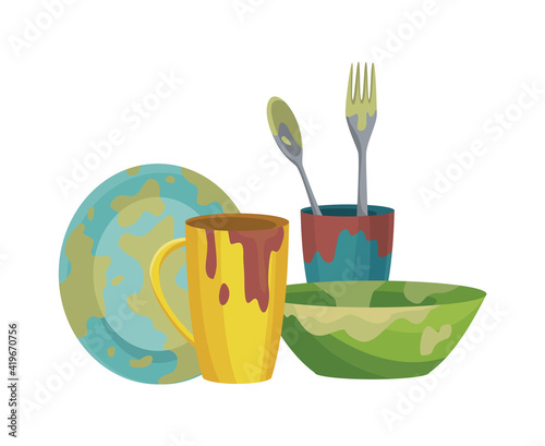 Dirty dishes plates and cups saucepan with remains fat stains. Stack of dirty kitchen utensil and dinnerware vector flat set for web design. Household and kitchenware concept