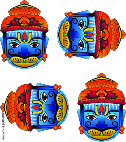 Monkeyface god of power, lord Hanuman or Bajaragbali. Drawn in Indian folk art Pinguli style. for textile printing, logo, wallpaper
