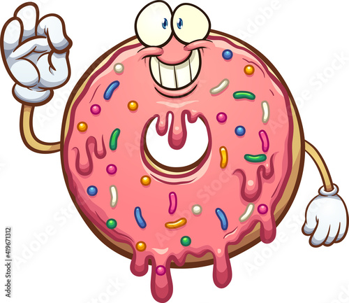 Cartoon pink donut character making the okay hand sign. Vector clip art illustration with simple gradients. All on a single layer.
