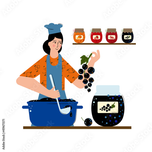 Joung woman is making jam of black currant. Jar of delicious jam in glass jar. A saucepan full of jam. Jam drips from the ladle.