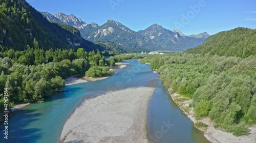 Füssen, an aerial view over the river Lech. Town Füssen near Neuschwanstein castle, Bavaria, Germany.