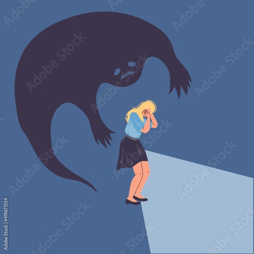 Cartoon flat woman character in paranoia fear.Afraid girl in panic,scary of dark shadow,bipolar disorder-psychological problems treatment and therapy,medical web online banner social concept