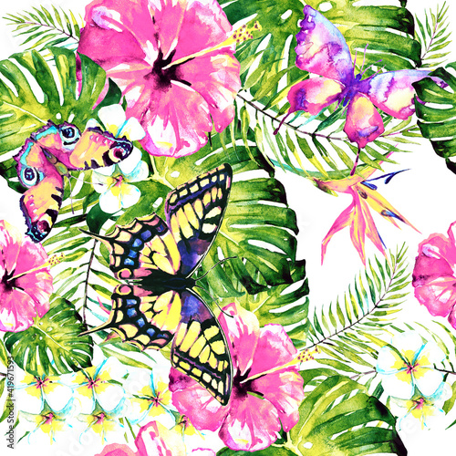 Hawaiian flowers  butterflies  watercolor  exotic plants  isolated on a white