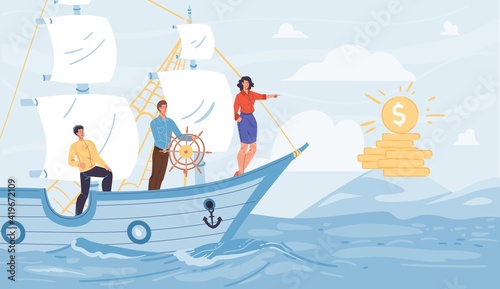 Vector cartoon flat characters sail on ship looking into distance on gold coins - new beginnings,opportunities,future vision,new business,profit searching,money investing concept