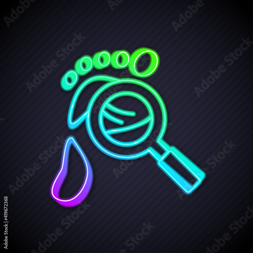 Glowing neon line Magnifying glass with footsteps icon isolated on black background. Detective is investigating. To follow in the footsteps. Vector.