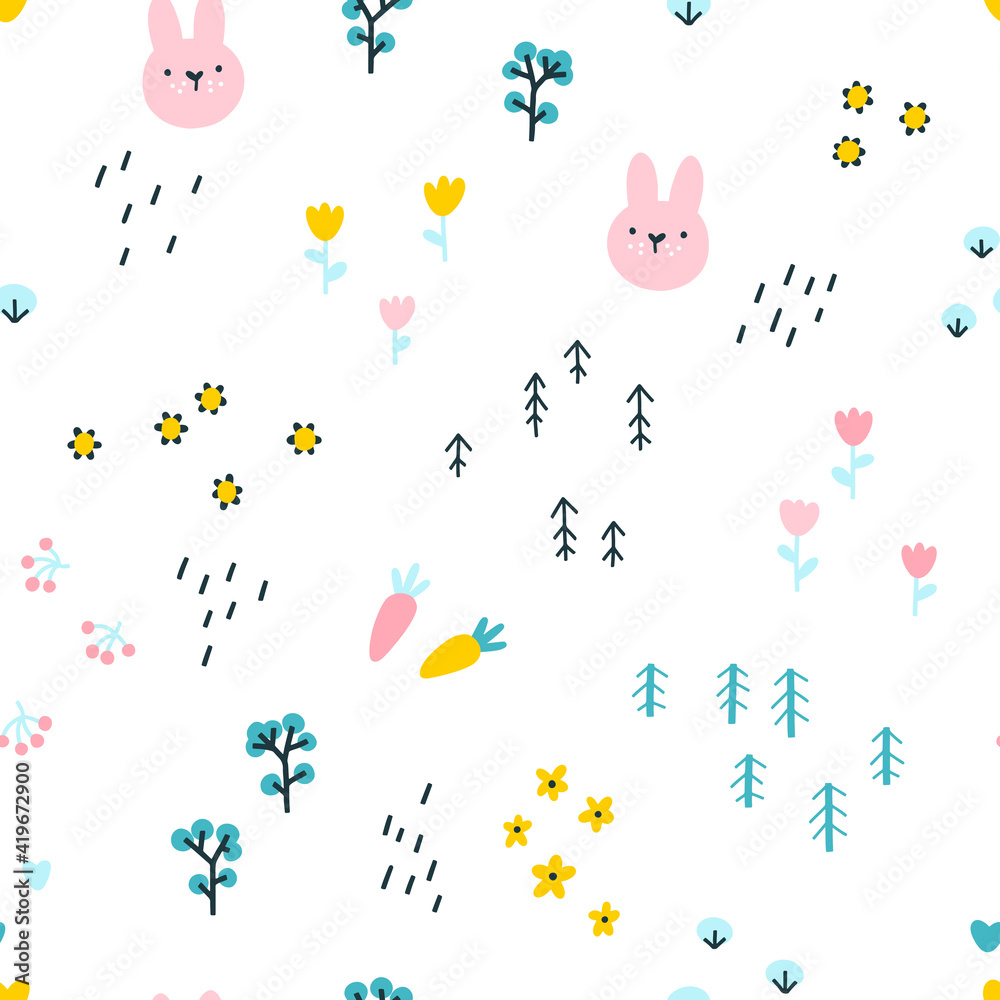Forest rabbit seamless pattern. Cute character with carrots and flowers. Baby cartoon vector in simple hand-drawn Scandinavian style. Nursery illustration on white background.
