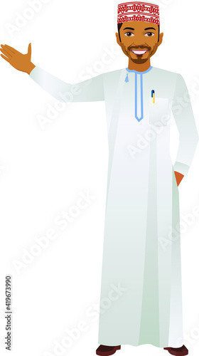 Arab middle eastern Omani, a Saudi man in traditional formal thobe and Shimagh, on white isolated background	
