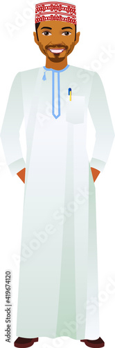 Arab middle eastern Omani, Saudi man in traditional formal thobe and Shimagh, on white isolated background