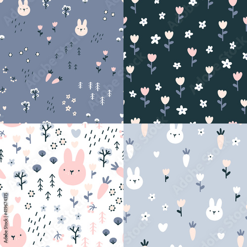 Rabbit seamless pattern set. Cute character with wildflowers and carrots. Baby cartoon vector in simple hand-drawn Scandinavian style. Nursery illustration on a pastel palette