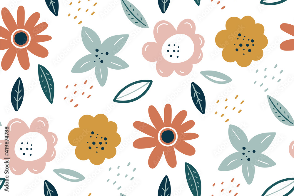 Spring texture. Multicolored flowers on a white background. Vector Easter pattern. Scandinavian style of small flowers. Floral Pattern. Botanic and abstract seamless pattern with flowers and leaves. Spring texture. Multicolored flowers on a white background. Vector Easter pattern. Scandinavian style of small flowers. Floral Pattern. Botanic and abstract seamless pattern with flowers and leaves.