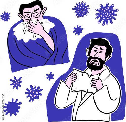 A man with the flu, sneezing, blowing his nose, runny nose, virus, cold