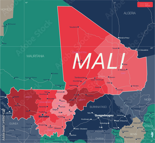 Mali country detailed editable map with regions cities and towns, roads and railways, geographic sites. Vector EPS-10 file photo