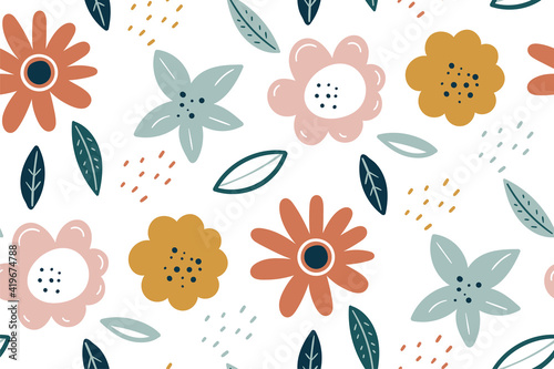 Spring texture. Multicolored flowers on a white background. Vector Easter pattern. Scandinavian style of small flowers. Floral Pattern. Botanic and abstract seamless pattern with flowers and leaves.