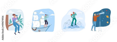 Set of vector cartoon flat characters looking into distance-new idea search,future vision,new beginnings,opportunities,new business,profit searching,money investing concept