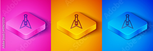 Isometric line Electric bass guitar icon isolated on pink and orange, blue background. Square button. Vector.