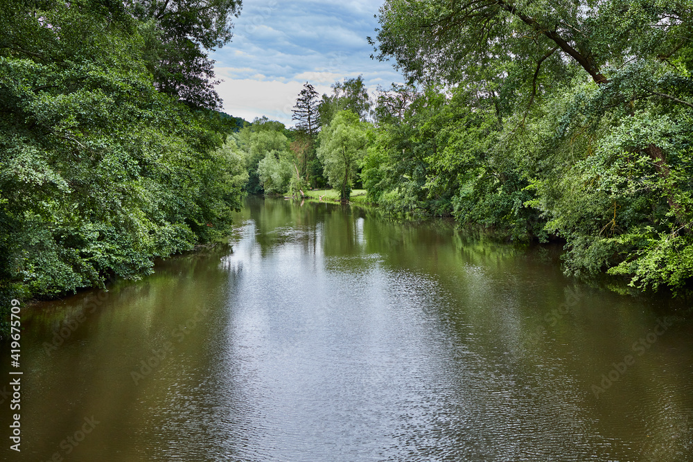 river landscape in Geisenheim on a cloudy day, Hesse, Germany