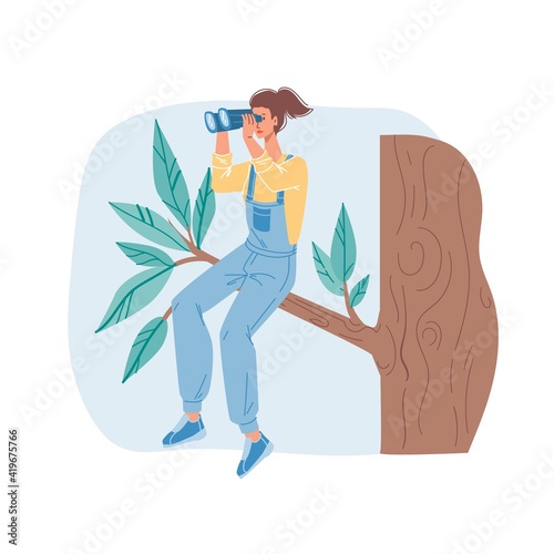 Vector cartoon flat character sitting on tree branch looking into the distance using binoculars - new idea search,future vision,exploration,researching,web online banner design,social concept