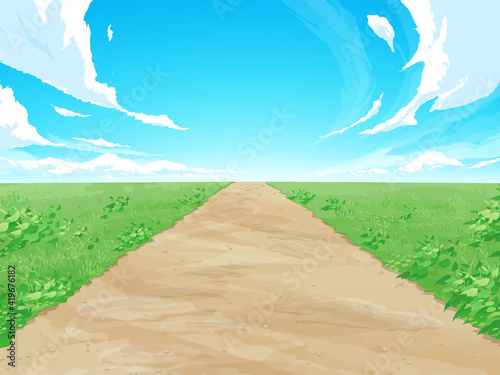 まっすぐな土の道と草原の風景イラスト