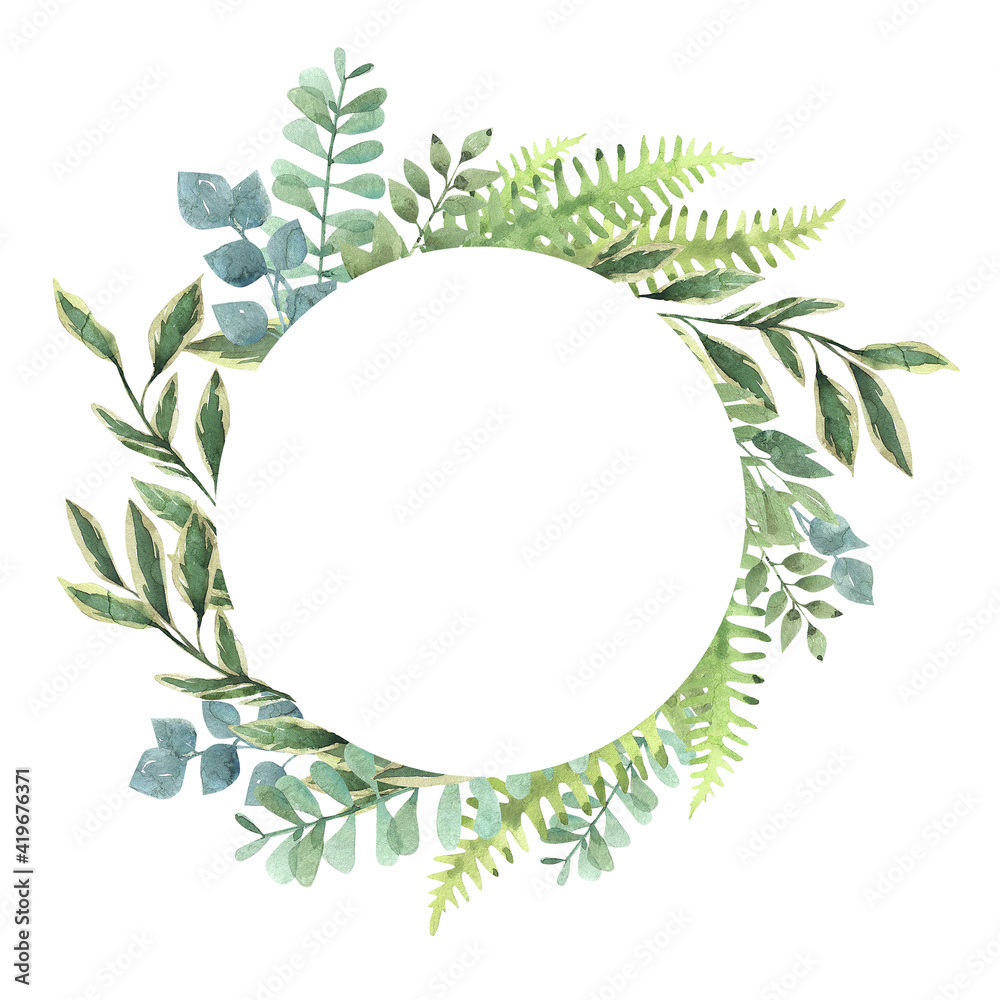 Round frame of forest plants and herbs hand-drawn in watercolor. Wreath of green leaves isolated on white background. Romantic, botanical frame.