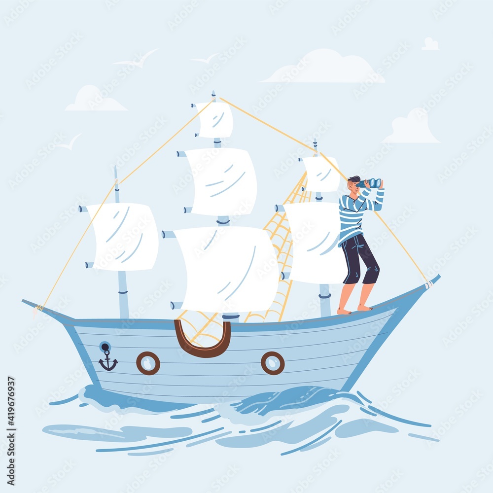 Obraz Vector cartoon flat character sail on ship looking into distance from bow - new idea search,future vision,new beginnings,opportunities,new business,profit searching,money investing concept