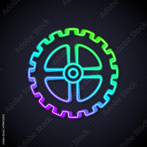 Glowing neon line Bicycle sprocket crank icon isolated on black background. Vector.