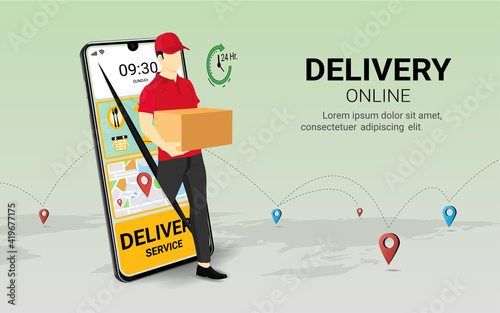 Delivery courier man holding Parcel Box with mobile phone. Fast online delivery service. Online order. Internet e-commerce. concept for website or banner. 3D Perspective Vector illustration