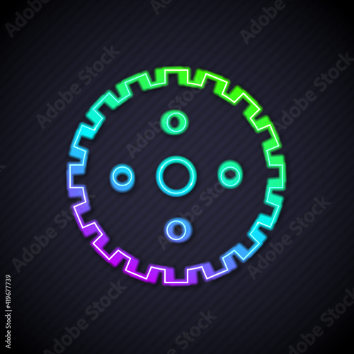 Glowing neon line Bicycle sprocket crank icon isolated on black background. Vector.