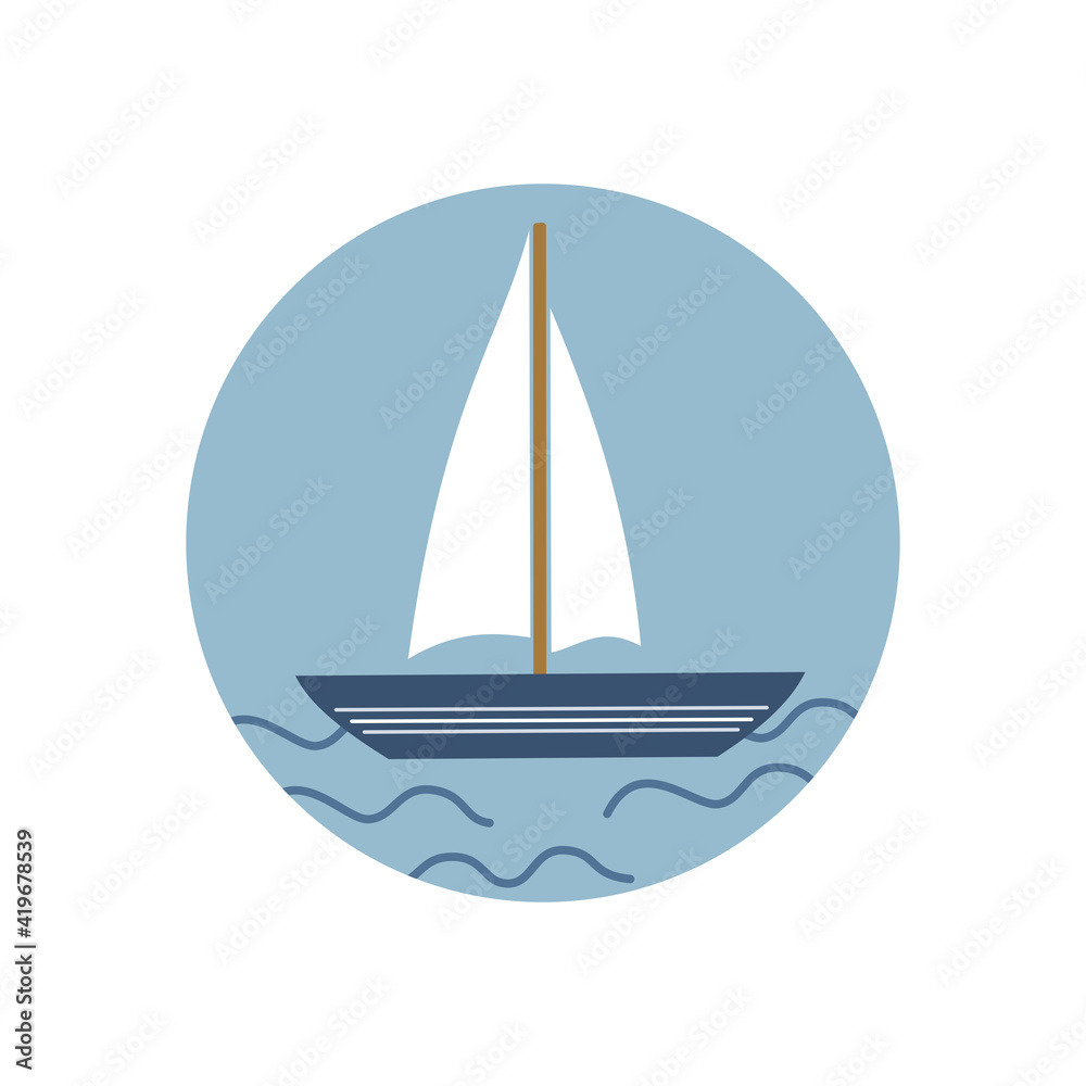 Cute logo or icon vector with sailboat in the sea, illustration on circle for social media story and highlights	