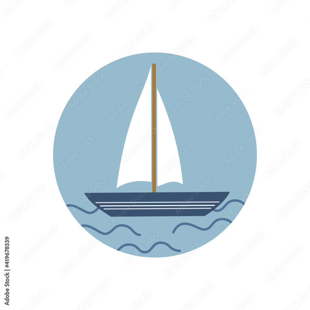 Fototapeta premium Cute logo or icon vector with sailboat in the sea, illustration on circle for social media story and highlights 