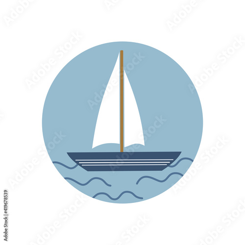 Cute logo or icon vector with sailboat in the sea, illustration on circle for social media story and highlights 