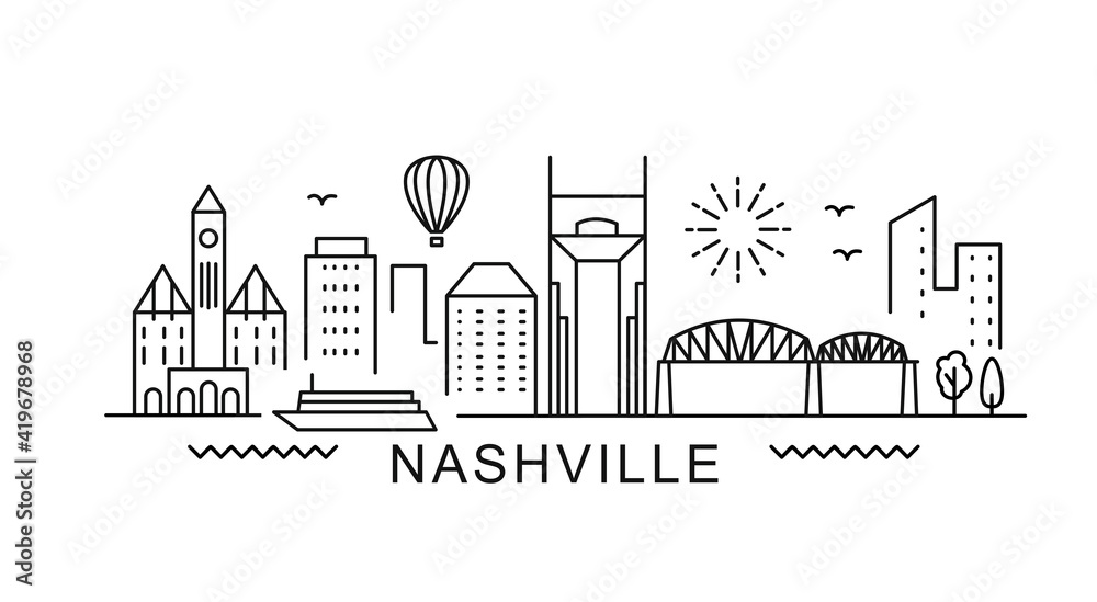 Nashville minimal style City Outline Skyline with Typographic. Vector cityscape with famous landmarks. Illustration for prints on bags, posters, cards. 