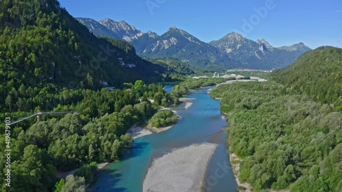 Füssen, an aerial view over the river Lech. Town Füssen near Neuschwanstein castle, Bavaria, Germany.