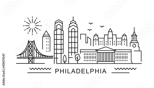Philadelphia minimal style City Outline Skyline with Typographic. Vector cityscape with famous landmarks. Illustration for prints on bags, posters, cards.  photo