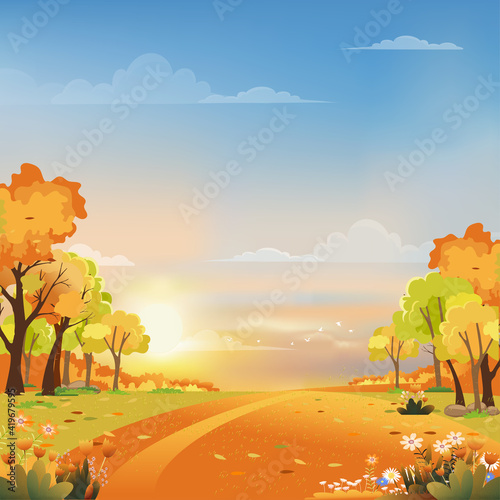 Autumn landscape wonderland forest with grass land, Mid autumn natural with maples leaves falling in orange foliage, Fall season with beautiful panoramic view of sunset with pink, orange and blue sky