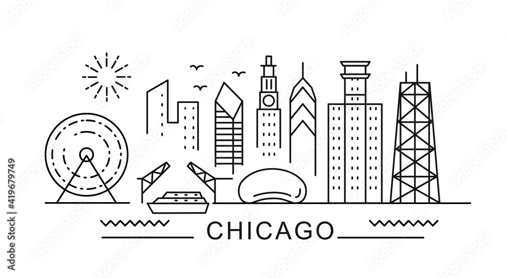 Naklejka premium Chicago minimal style City Outline Skyline with Typographic. Vector cityscape with famous landmarks. Illustration for prints on bags, posters, cards. 