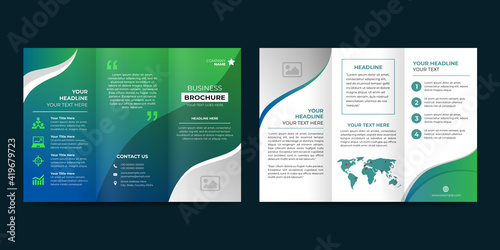 Green trifold brochure design. A4 abstract  corporate brochure template. Creative wave business flyer template.