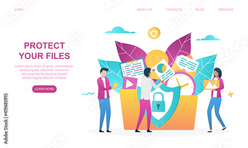 Male and female characters are protecting their files together. Men and women are putting files in one folder with lock. Website, web page, landing page template. Flat cartoon vector illustration