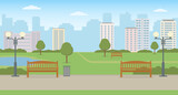 Empty city park with benchs, lawn and pond.  Panoramic view. Summer landscape vector illustration.