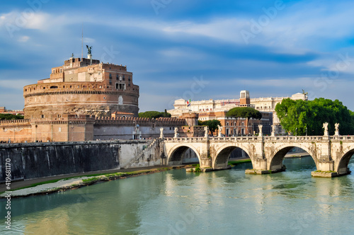Castle of the Holy Angel (Castel Sant'Angelo) and St. Angel bridge (Ponte Sant'Angelo) over Tiber river, Rome, Italy