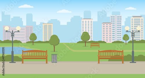 Empty city park with benchs, lawn and pond. Panoramic view. Summer landscape vector illustration.