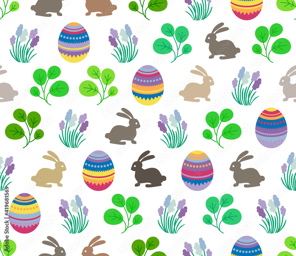 Easter seamless pattern with eggs, rabbits, leaves and flowers. Holiday icon design set. Happy, colorful, simple, cartoon shapes artwork.