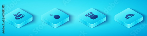 Set Isometric Military tank, Bomb ready to explode, medical tent and Hiking backpack icon. Vector.