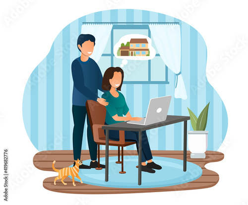 Young male and female characters sitting at home choosing a suitable house mortgage option on laptop. Couple selecting house to buy or rent. Flat cartoon vector illustration