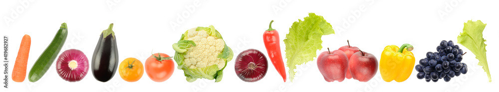 Panorama ripe and fresh fruits and vegetables isolated on white Panorama ripe and fresh fruits and vegetables isolated on white