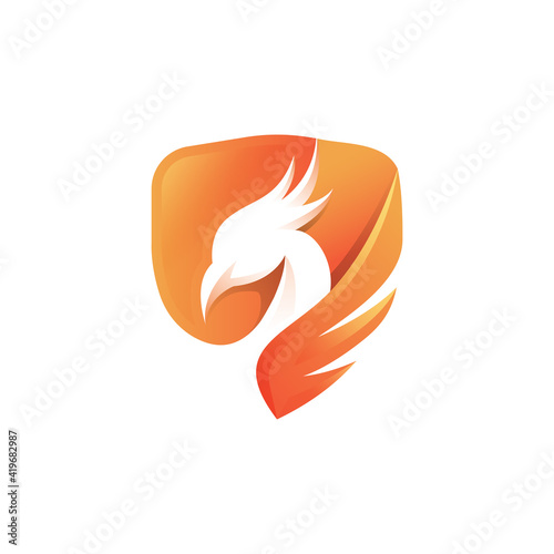 Phoenix bird with wing and shield vector logo