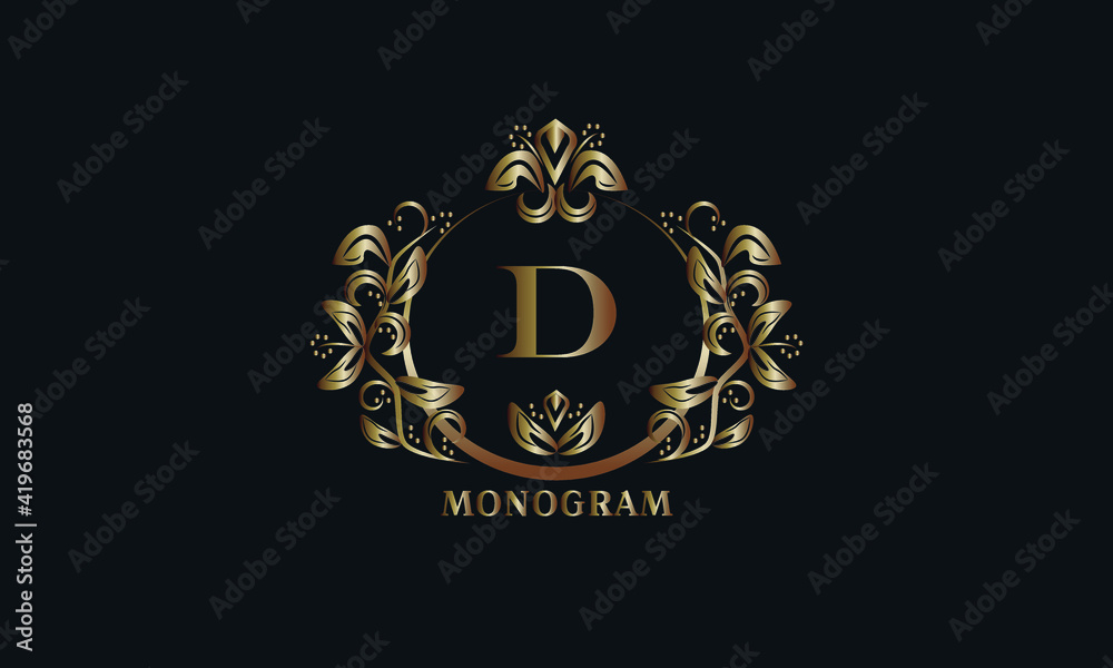Exquisite bronze monogram on a dark background with the letter D. Stylish logo is identical for a restaurant, hotel, heraldry, jewelry, labels, invitations.