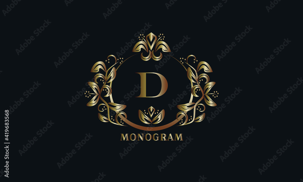 Exquisite bronze monogram on a dark background with the letter D. Stylish logo is identical for a restaurant, hotel, heraldry, jewelry, labels, invitations. Exquisite bronze monogram on a dark background with the letter D. Stylish logo is identical for a restaurant, hotel, heraldry, jewelry, labels, invitations.