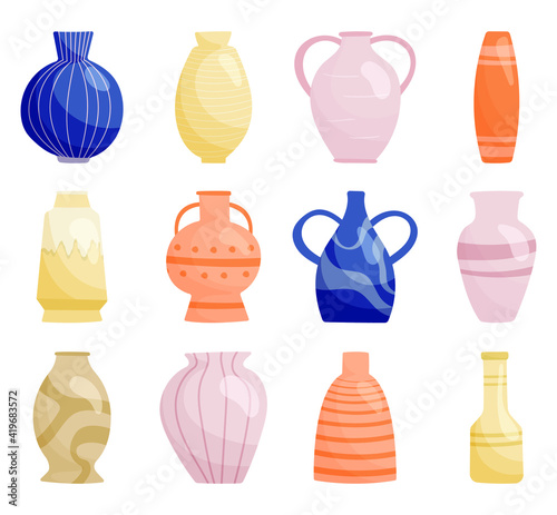 Set of color vector isolated fashionable vases for plants and flowers, interior decorations of various shapes and sizes. Collection of ceramic products on a white background, antique vessels and cups.