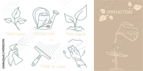 Springtime icon set with sprout, growing plant, spring cleaning outline isolated icons